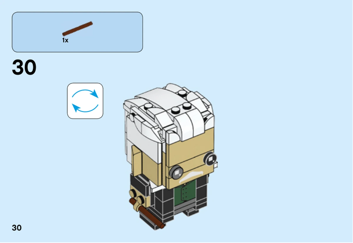 Notice LEGO 41631, livret 6252779, page 30, étape 30 : La barre brun foncé se fixe à la main du personnage après retournement.
