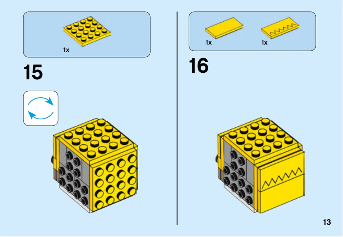 Notice LEGO 41632, livret 6252781, page 13, étape 15 et 16 : Une plaque jaune 4 × 4 ferme l’arrière de la tête après retournement. Une tuile jaune unie et une tuile jaune imprimée d’un cheveu en zigzag recouvrent ensuite cette face.