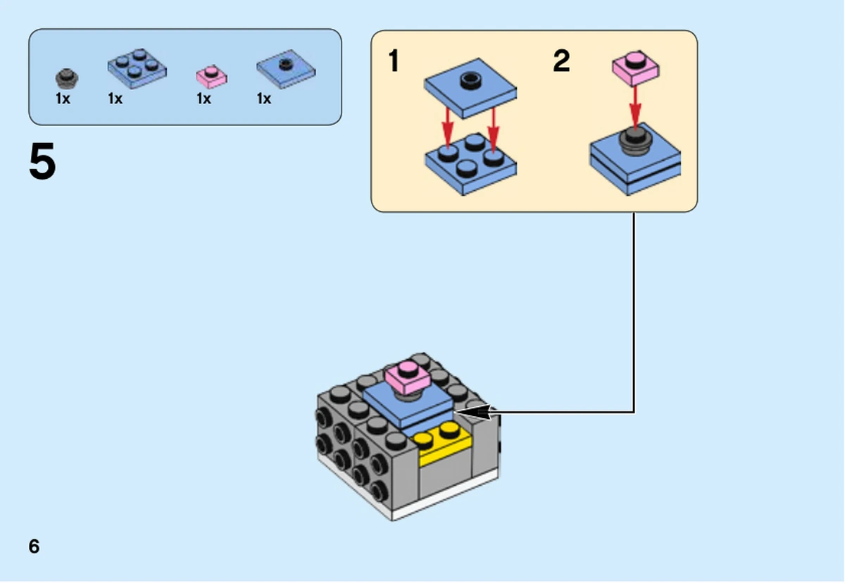 Notice LEGO 41632, livret 6252781, page 6, étape 5 : Un sous-ensemble bleu et rose est ajouté au noyau gris ouvert de la tête.
