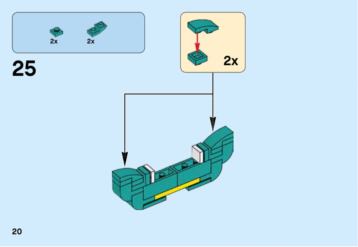 Notice LEGO 41632, livret 6252783, page 20, étape 25 : Deux petits assemblages de pièces turquoise complètent le long sous-ensemble de cheveux, encore séparé de la tête ; sa fixation intervient à l’étape 26 sur la page suivante.