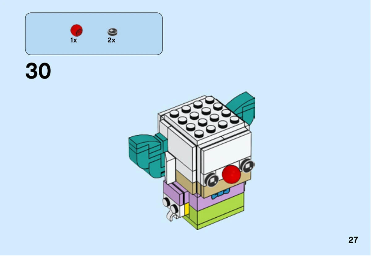 Notice LEGO 41632, livret 6252783, page 27, étape 30 : La boule rouge du nez et les deux yeux noirs imprimés sont ajoutés au visage ; le support du nez est déjà en place.